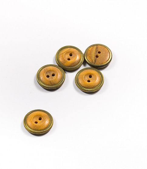 Brass Rim 2 Hole Wooden Button x5 - Click Image to Close